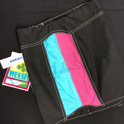 NEW NOS WEEDS VINTAGE BOARD SHORTS BLACK AQUA PINK RAD RETRO CLASSICS! SIZE 33 - Image 1 of 4