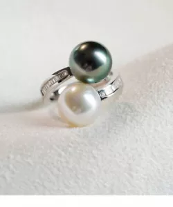 charming 8-9mm south sea round white black pearl ring 925s(t) - Picture 1 of 3