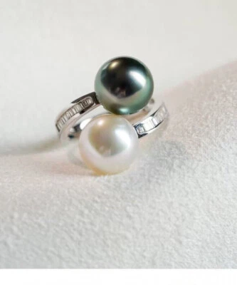 charming  8-9mm south sea round white black pearl ring 925s(t) - Image 1 of 3