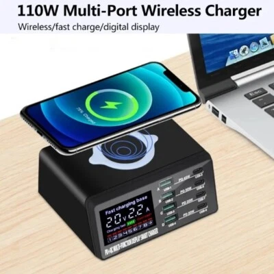 110W 8 Ports Wireless Charging Station PD Fast Charger USB Quick 3.0 Adapter HUB - Image 1 of 4