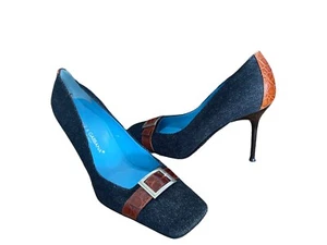Dolce Gabbana D&G Denim Blue Leather Croc Buckle Pumps Heels 37.5 7.5 - Picture 1 of 12
