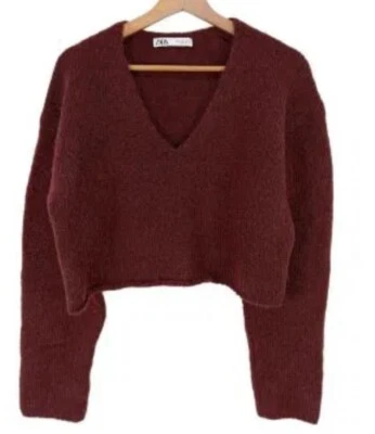 Suéter Zara Mezcla Lana Alpaca Tejido Corte Cuello en V Rojo Borgoña Granate Acogedor Talla L Foto 1 de 4