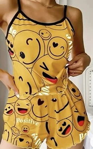 Gelbes Pyjama-Set mit Smiley-Aufdruck, Damen-Nachtwäsche Neu ☺️🥰 - Bild 1 von 1