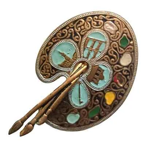Vintage Painters Palette Womens Brooch Enamel, Gold/Silver Tone Damascene Art - Picture 1 of 4