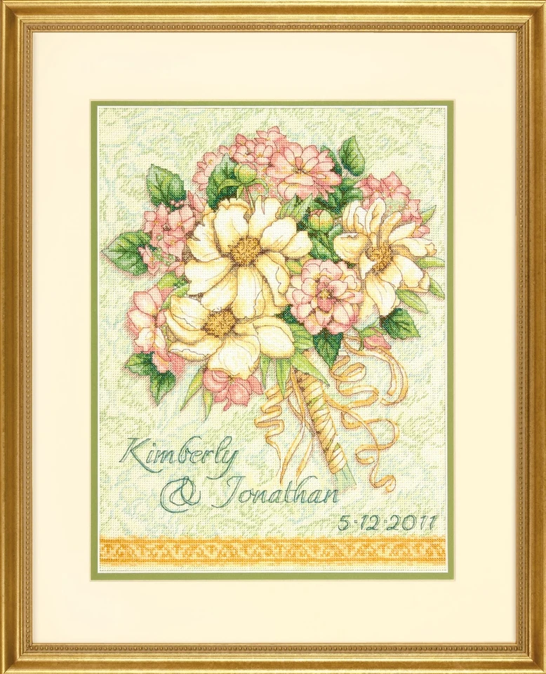 FRAMED COMPLETED CROSS STITCH: WEDDING RECORD BOUQUET : 45 x 50cm - Image 1 of 1