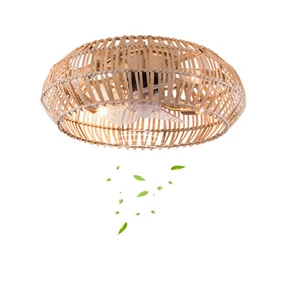 Rattan Caged Flush Mount Ceiling Fans with Lights and Remote For Living Room - Picture 1 of 17