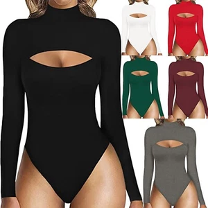 Women's Mock Turtle Neck Long Sleeve Tops Hollow Out Front Bodysuit Jumpsuit - Picture 1 of 42
