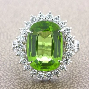 7.92 Carat Peridot Diamond Halo Platinum Ring - Picture 1 of 12