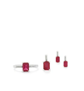 BRAND NEW MADAGASCAN RUBY SILVER RING/PENDANT AND EARRING SET WITH COA - Picture 1 of 2