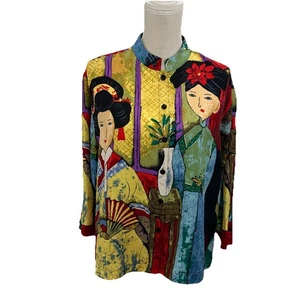 Camisa Diseño Chico’s 100% Seda Geisha Oriental Blusa Abotonada Talla Grande Arte - Imagen 1 de 7