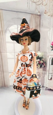  手工制作 BARBIE 娃娃万圣节 PUMPKIN 印花连衣裙套装衬里 — 第 1/4 张图片