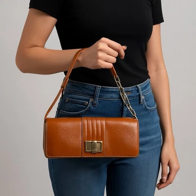 Kooba Penelope Satchel Clutch Bag Tan Brown Patent Leather Gold Chain Y2K Vintg - Image 1 of 4