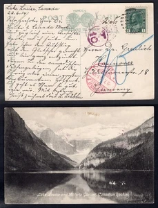 CANADA Chateau Lake Louise AB 1914 Split Ring on Postcard to Germany Postage Due - Picture 1 of 3
