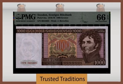 TT PK 55a 1976-78 SWEDEN 1000 KRONOR SVERIGES RIKSBANK PMG 66 EPQ GEM UNC - Image 1 of 2