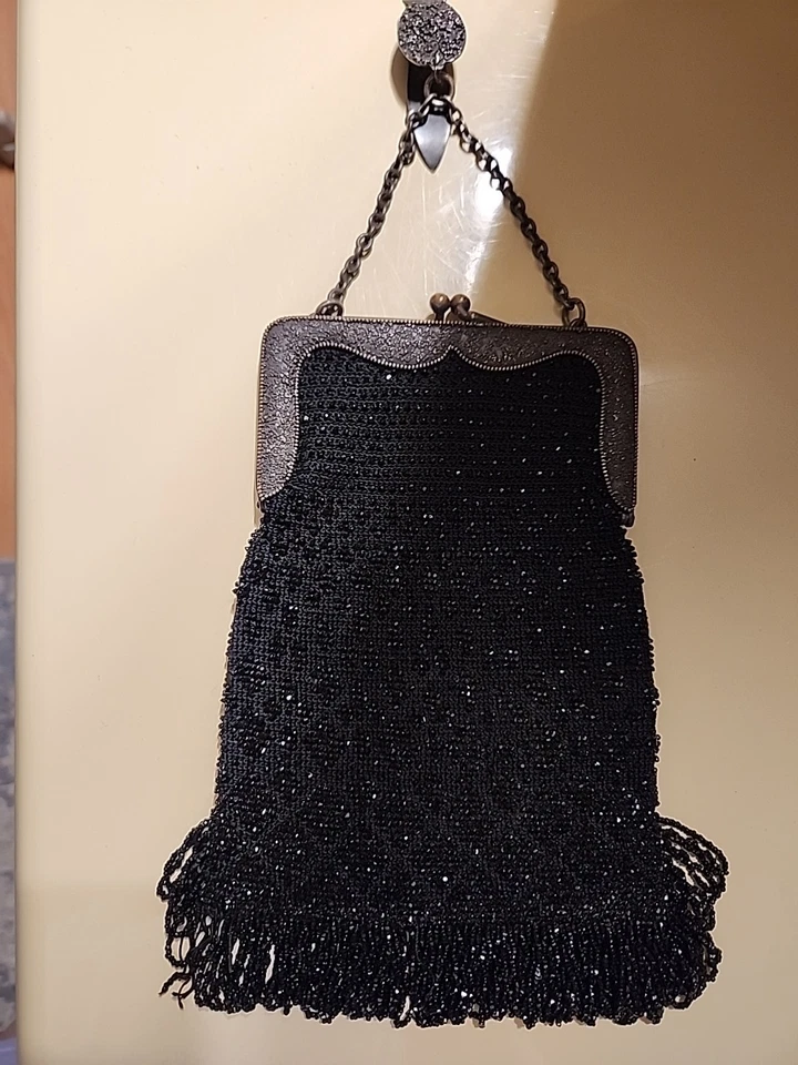 Antique 1920s Black Beaded Purse Velvet Panel Art Deco Evening Bag Kiss Lock - Image 1 of 4