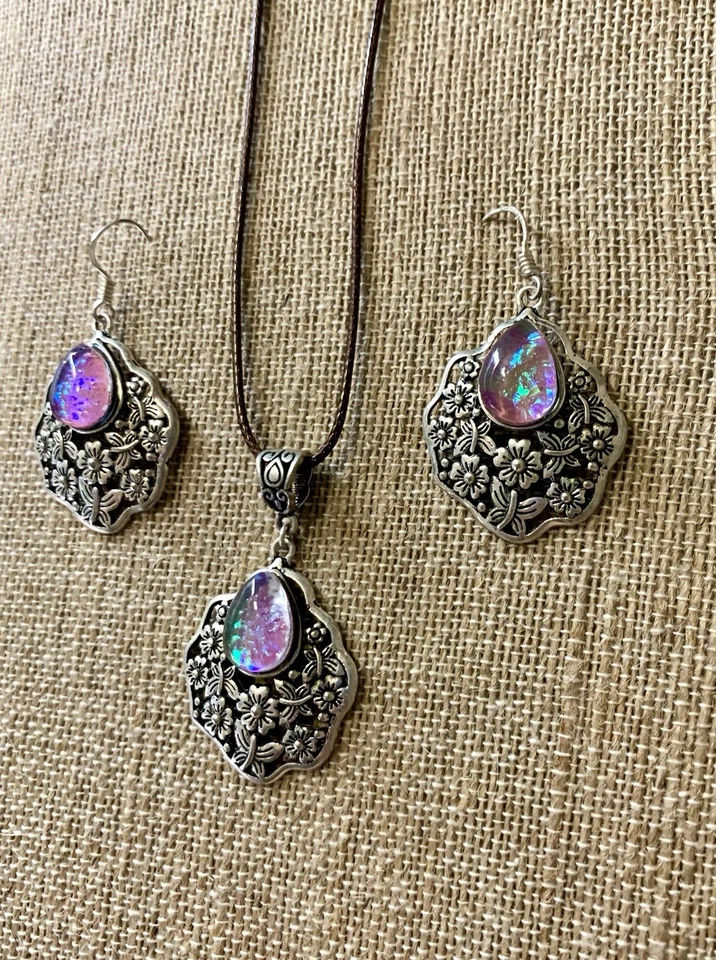 Collar Pendientes Rosa Topacio Místico Floral Grabado Plateado Bali Victoriano Foto 1 de 4