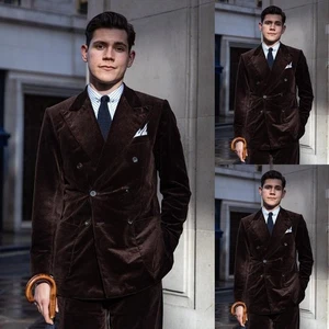 Breite Spitze Lapel Männer Anzüge Corduroy 2pcs Hochzeit Abend braune Party Jack - Bild 1 von 15