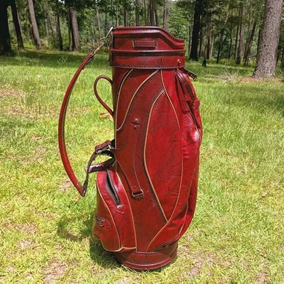 Bolsa de personal de palos de golf Burton de cuero rojo de 6 vías de colección con cubierta para la cabeza hecha en EE. UU. Foto 1 de 4