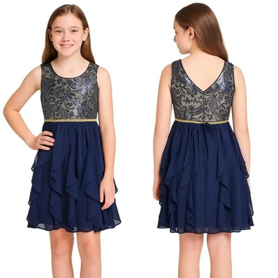 Vestido de fiesta Bloome De Jeune Fille para niñas 14 azul marino dorado lentejuelas corpiño en capas Foto 1 de 4