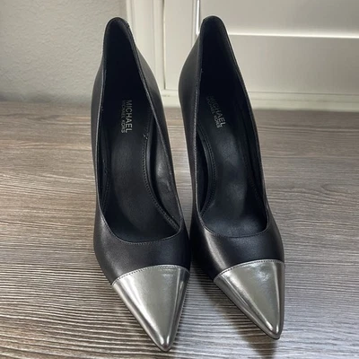 NWOB MICHAEL Michael Kors Keke Black & Silver Toe Cap Leather Pumps, Size 7B - Image 1 of 4