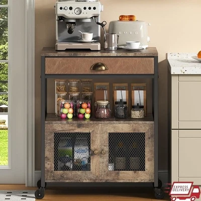 Farmhouse Coffee Bar Cabinet Organizer Storage W/ Wheels & Lockable Design New - Image 1 of 4