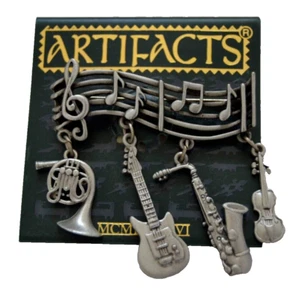 Brooch MUSICAL INSTRUMENTS Dangle SAX HORN NOTES Vtg 86 Pewter Pin ARTIFACTS JJ - Picture 1 of 4