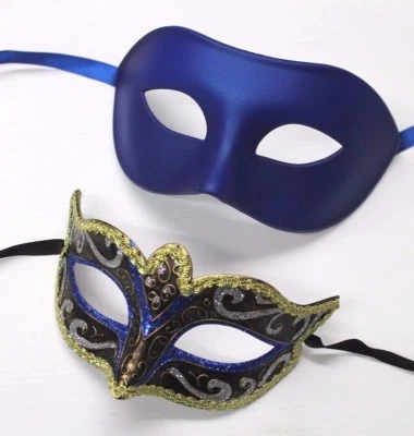 HIS N HERS PAIR COUPLES BLUE AND GOLD VENETIAN MASQUERADE PARTY PROM EYE MASKS - Image 1 of 4