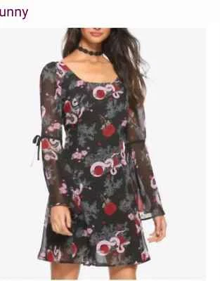 Hell Bunny Dress SM Sheer Gothic Dress Python Snake Roses Black Pink Bell Sleeve - Image 1 of 4