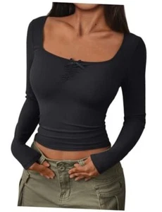 Womens Going Out Tops Long Sleeve Top Trendy Cute Shirt Y2k Medium Black - Picture 1 of 6
