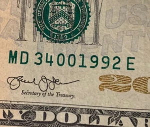 BIRTHDAY NOTE March 4 1992 $20 Twenty Dollar Bill FANCY SERIAL NUMBER 34001992 - Picture 1 of 3