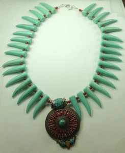 Statement Howlite Stick Necklace with Coral & Turquoise Wedding Mother of Bride - Picture 1 of 2