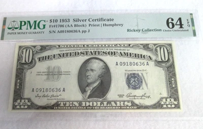 Friedberg #1706, 1953, $10 Silver Certificate, PMG/EPQ 64 - Image 1 of 2