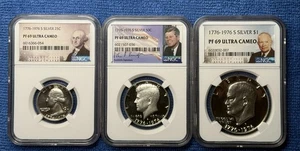 1776 1976 S NGC PF 69*ULTRA CAMEO PROOF SET of 3 WASHINTON , KENNEDY, EISENHOWER - Picture 1 of 9