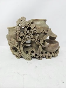 Triple soapstone jade green vase flowers hand carved bird stone chinese vtg - Picture 1 of 7