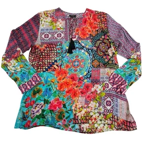 Blusa Shana Viscosa Seda Retazos MD Floral Abstracto Borlas Artística Boho - Imagen 1 de 10