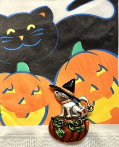 Broche Gato con Sombrero de Bruja en Calabaza Otoño Halloween - Imagen 1 de 3