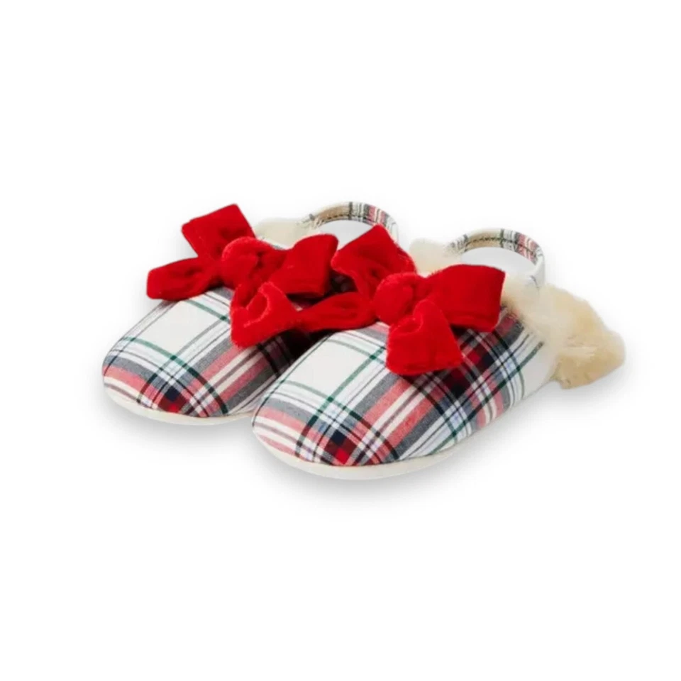 🆕 Janie and Jack 全新带标签格子天鹅绒蝴蝶结拖鞋。 4 码 — 第 1/1 张图片