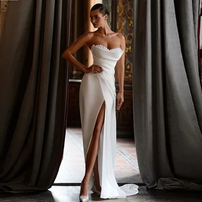 Bohemian Sweetheart Collar Satin Pleated Wedding Gown Side Split Backless Gowns - Image 1 of 4