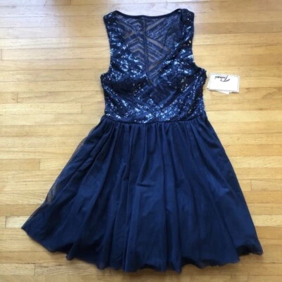 Trixxi Dress Juniors 5 Sequin Navy blue sexy party wedding fit flare plunge net - Image 1 of 4