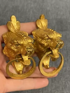 Französischer LÖWENKOPF aus vergoldeter Bronze 19. Jh. mit Ring Manteluhr Verzierungen Griffe - Bild 1 von 24