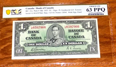 PCGS CANADA Bank of Canada 1937 BC-21c $1 Gordon-Towers 63 PPQ CHOICE UNCIRC. - Image 1 of 4