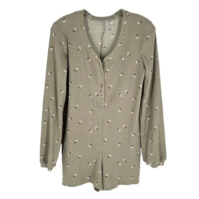 Gilly Hicks Waffle Knit Romper Pajamas Womens Size Small Sage Floral Soft Lounge - Image 1 of 4