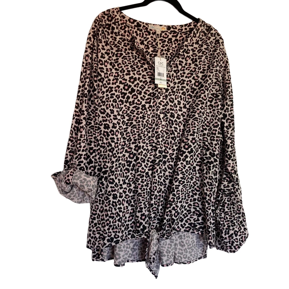 Animal Print Blouse Size 18 1XL Pink Black Shirt Tie Front Detail Long Sleeve - Image 1 of 4