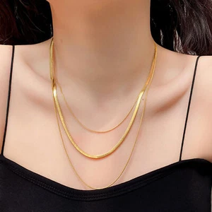 Woman Fashion Gold Plated Stainless Steel 3 Triple Layers Snake Chain Choker US - Picture 1 of 4