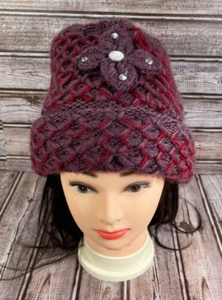 Handmade Purple Burgundy Women Flower Soft Crocheted Beanie Hat USA NEW - Picture 1 of 7