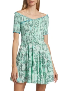 NWT- Poupette St Barth 'Soledad' Smocked Floral Mini Dress, Aqua Sunflower-Small - Picture 1 of 3