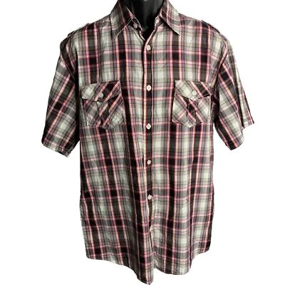 Concept Eddie Domani Button Up Shirt L White Red Plaid Short Sleeves Pockets - Image 1 of 4