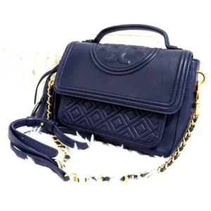 Borsa a tracolla Tory Burch catena a 2 vie Fleming borsa a tracolla pelle blu navy originale - Foto 1 di 9