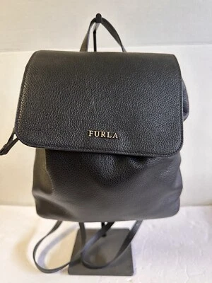 FURLA Mochila Cuero Guijarro Genuino Cartera Bolso de Hombro Eslinga Negro Cordón Foto 1 de 4