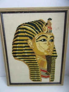 Finished Needlepoint King Tut Tutankhamu Egypt Framed Pharaoh 15.75x20 Completed - Picture 1 of 4